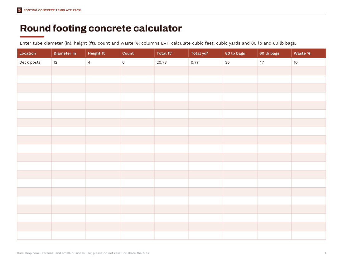 Preview of the first page of Footing calculator (XLSX)