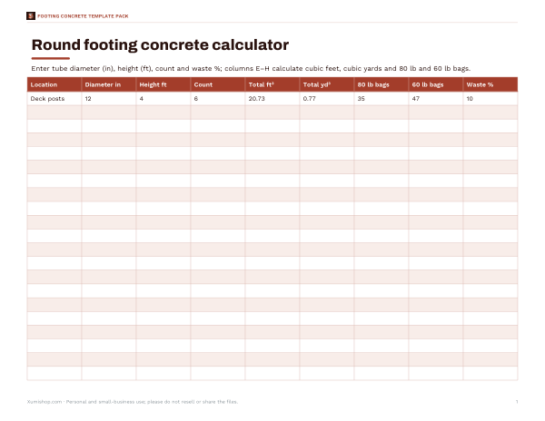 Preview of Printable Footing Concrete Calculator
