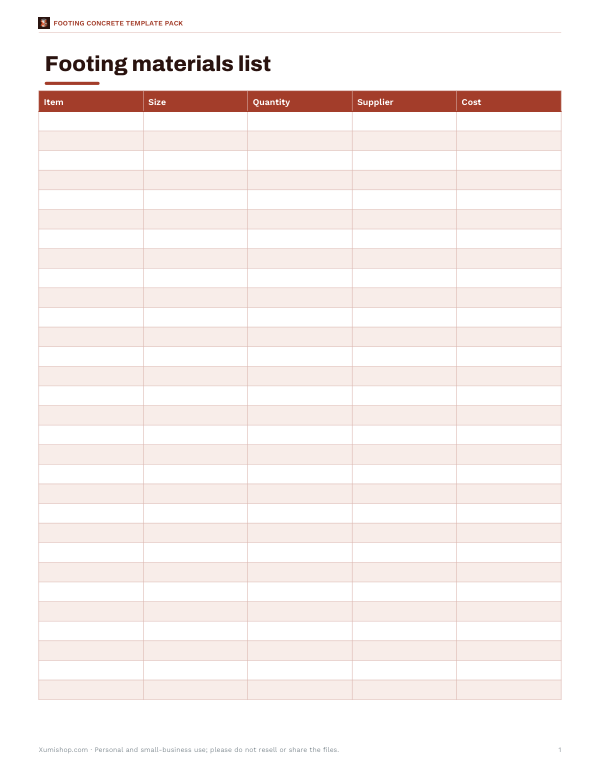 Preview of Printable Footing Materials List
