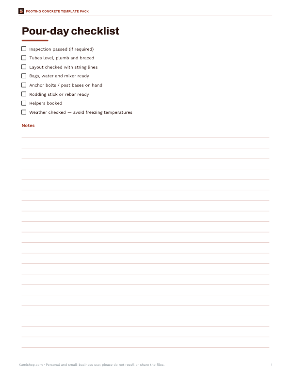 Preview of Printable Pour-Day Checklist